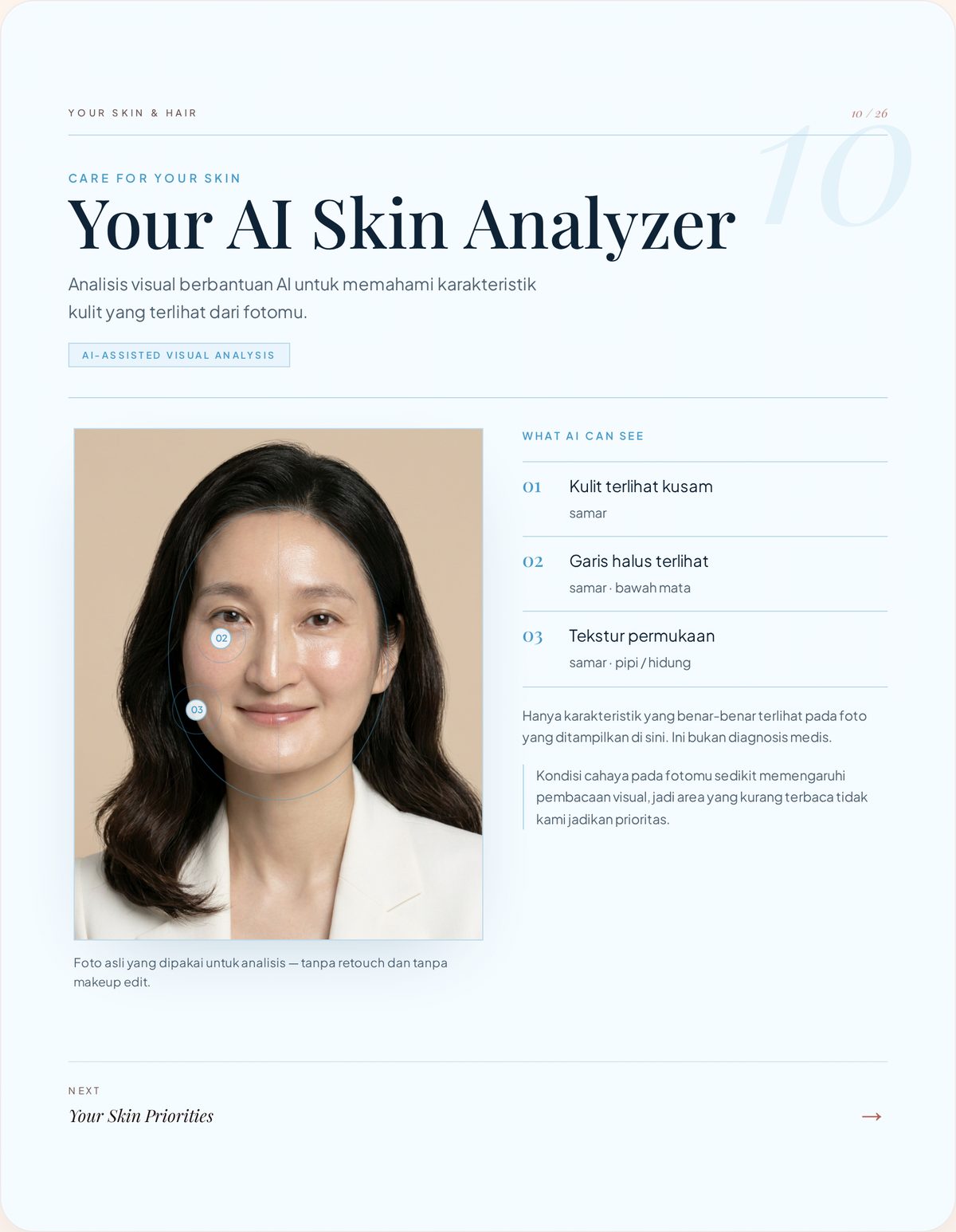 Halaman Your AI Skin Analyzer dari sebuah Glow After 40++ report